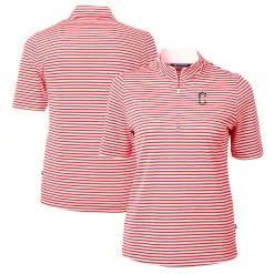 Women's Cleveland Guardians Cutter & Buck Red Virtue Eco Pique Stripe Recycled Quarter-Zip Pullover Top