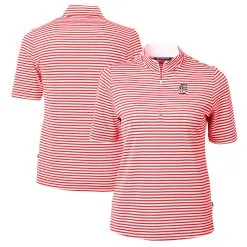 Women's Detroit Tigers Cutter & Buck Red Virtue Eco Pique Stripe Recycled Quarter-Zip Pullover Top