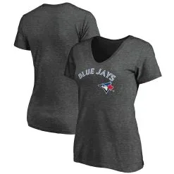 Women's Toronto Blue Jays Fanatics Branded Heathered Charcoal Team Logo Lockup V-Neck T-Shirt