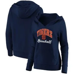 Women's Detroit Tigers Fanatics Branded Navy Victory Script Crossover Neck Pullover Hoodie
