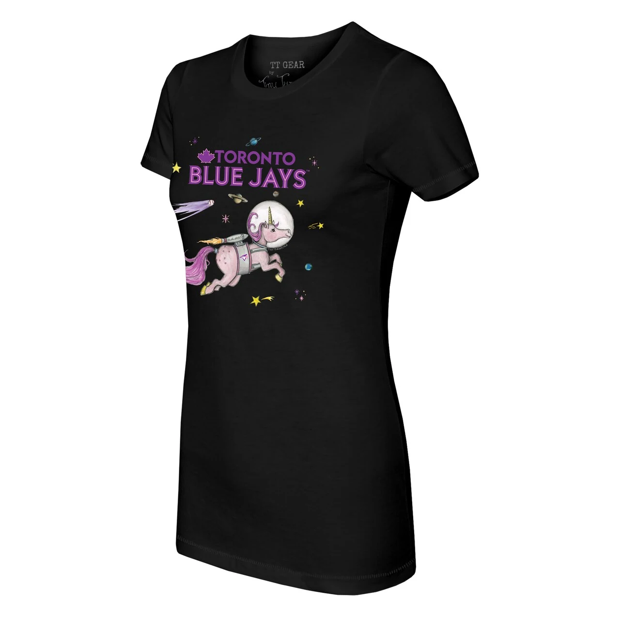 Women's Toronto Blue Jays Tiny Turnip Black Space Unicorn T-Shirt 4 Women's Toronto Blue Jays Tiny Turnip Black Space Unicorn T-Shirt - Image 2