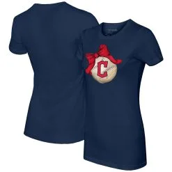 Women's Cleveland Guardians Tiny Turnip Navy Baseball Bow T-Shirt