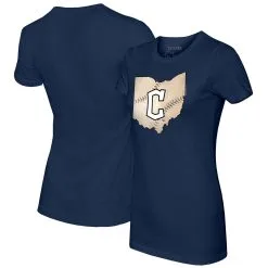 Women's Cleveland Guardians Tiny Turnip Navy State Outline T-Shirt