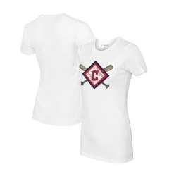 Women's Cleveland Guardians Tiny Turnip White Diamond Cross Bats T-Shirt