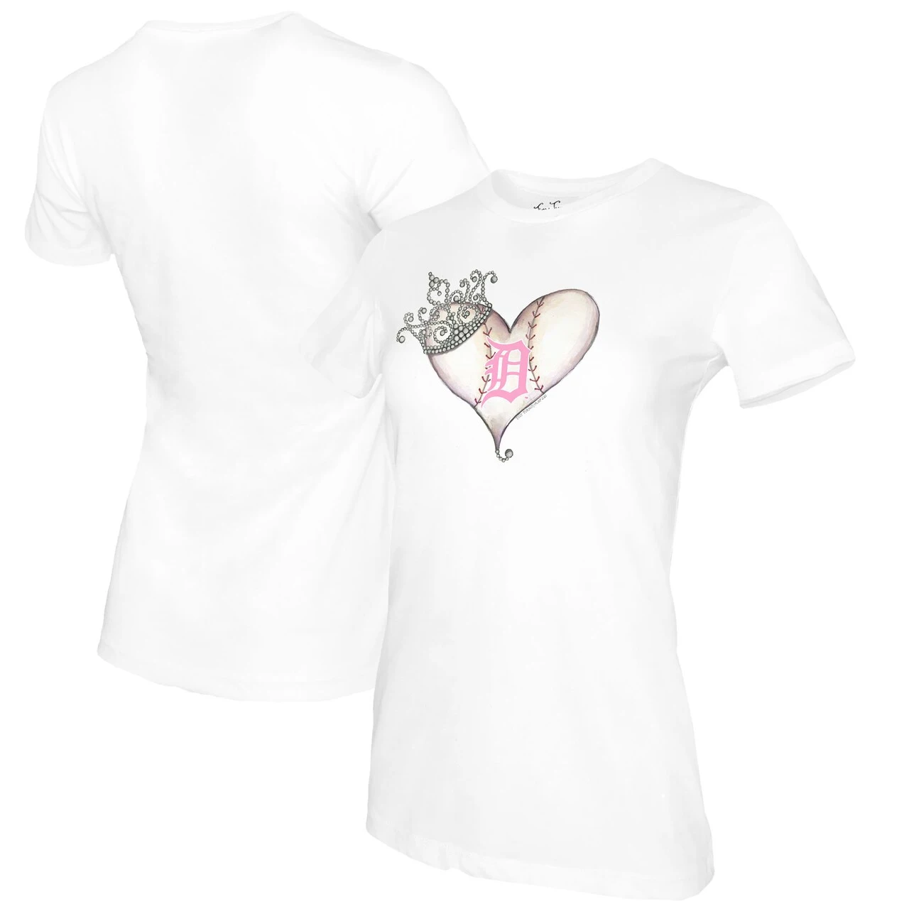 Women's Detroit Tigers Tiny Turnip White Baseball Tiara Heart T-Shirt 3 Women's Detroit Tigers Tiny Turnip White Baseball Tiara Heart T-Shirt