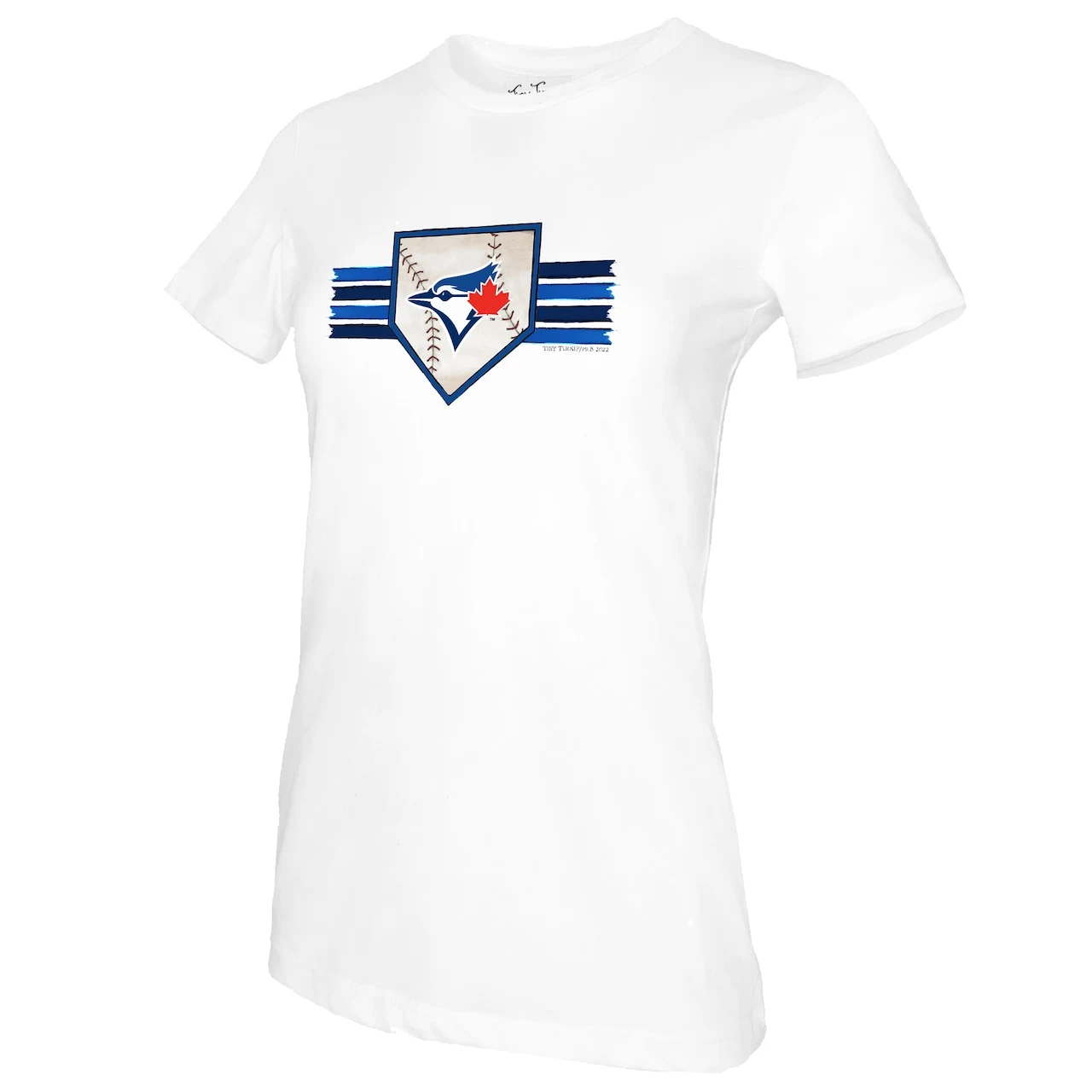 Women's Toronto Blue Jays Tiny Turnip White Base Stripe T-Shirt 4 Women's Toronto Blue Jays Tiny Turnip White Base Stripe T-Shirt - Image 2