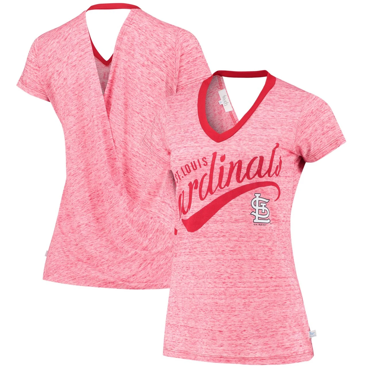 Women's St. Louis Cardinals Touch Red Hail Mary V-Neck Back Wrap T-Shirt 3 Women's St. Louis Cardinals Touch Red Hail Mary V-Neck Back Wrap T-Shirt