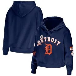 Women's Detroit Tigers WEAR By Erin Andrews Navy Modest Patches Cropped Pullover Hoodie