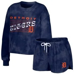 Women's Detroit Tigers WEAR By Erin Andrews Navy Tie-Dye Cropped Pullover Sweatshirt & Shorts Lounge Set